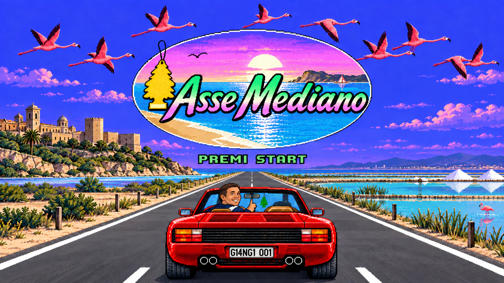 Asse Mediano: Giangi sulla sua auto rossa, saline e fenicotteri. Premi Start.